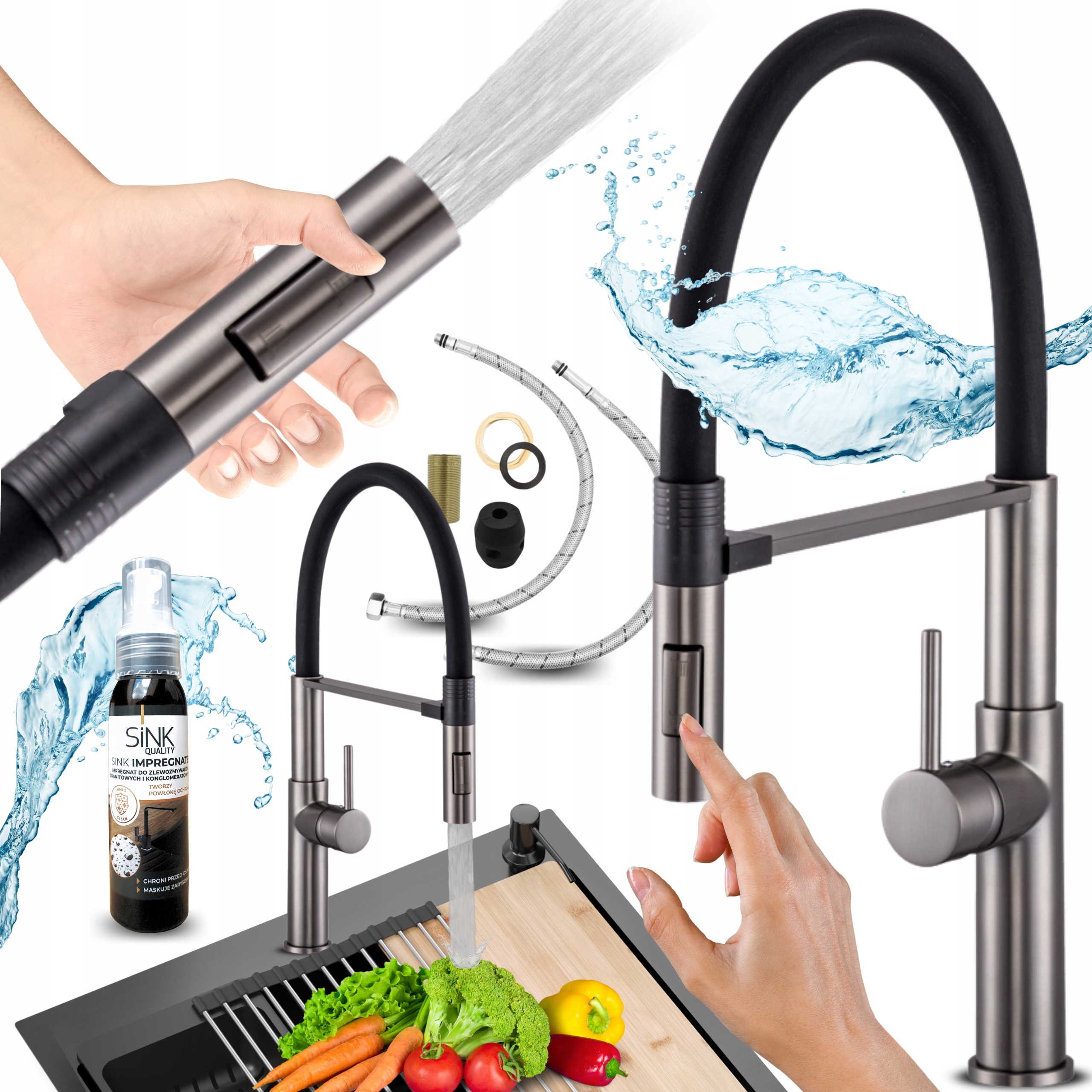 Kuchyňská baterie s Flexibilním výtokem Vysoká dřezová Grafitová