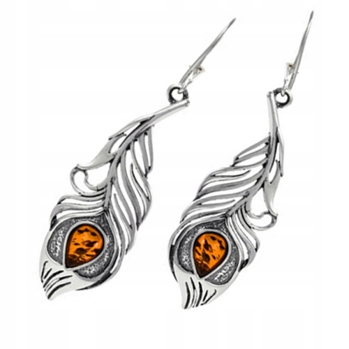 Stříbrné Náušnice paví Pero z přírodního Baltský Jantar ze stříbra AG925