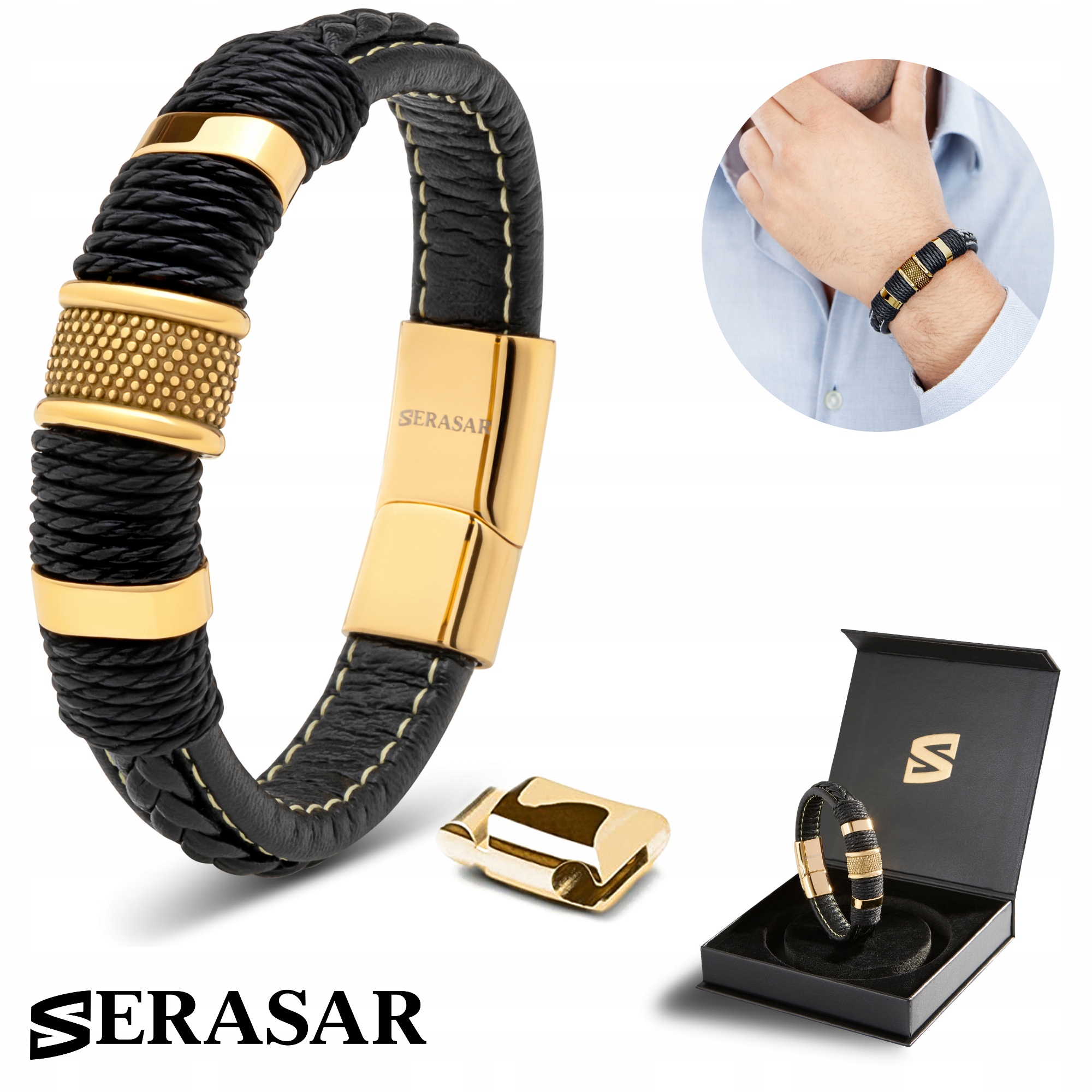 Serasar, Pánský kožený náramek [Ring] Zlatý, 23 cm