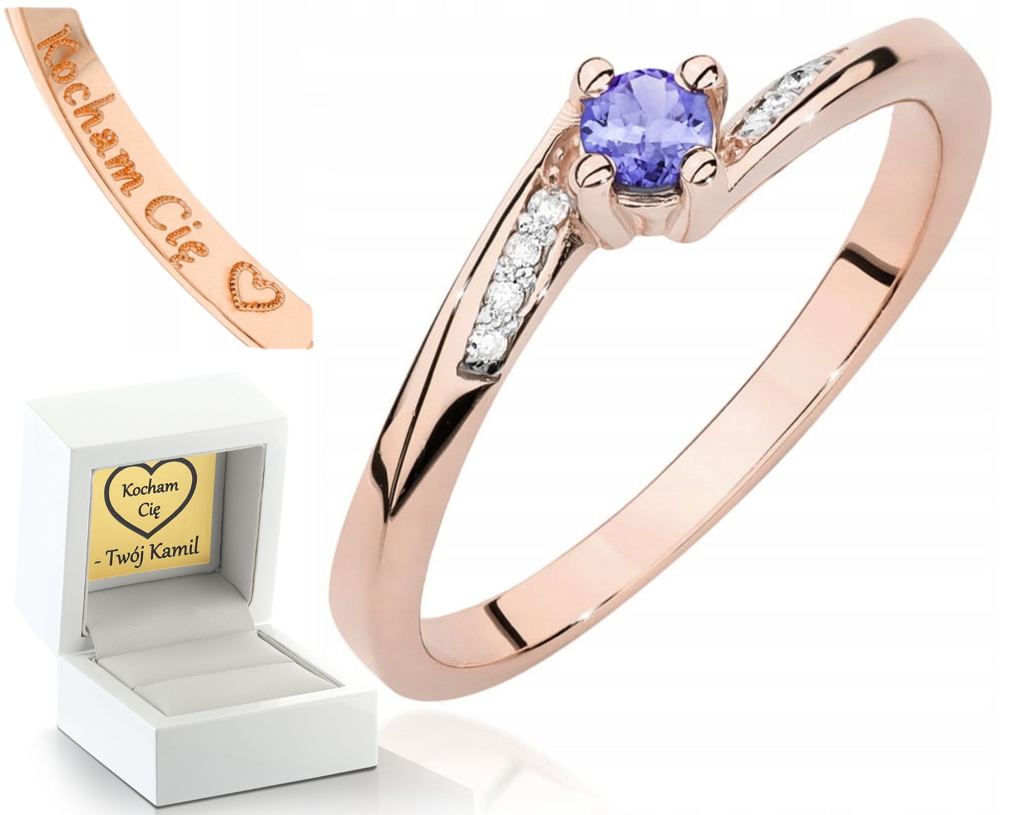 Zlatý Prstýnek S Tanzanitem, Růžové Zlato Gravírování , Dárek 585
