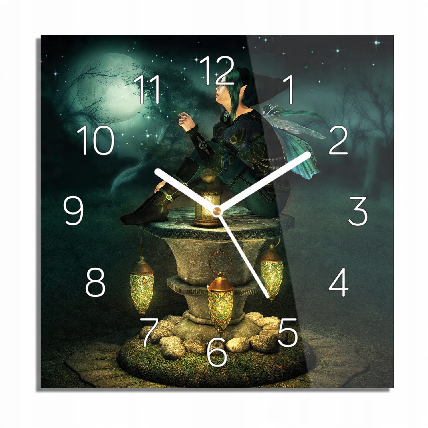 

Elf noc księżyc zegar na szkle białe cyfry 30x30
