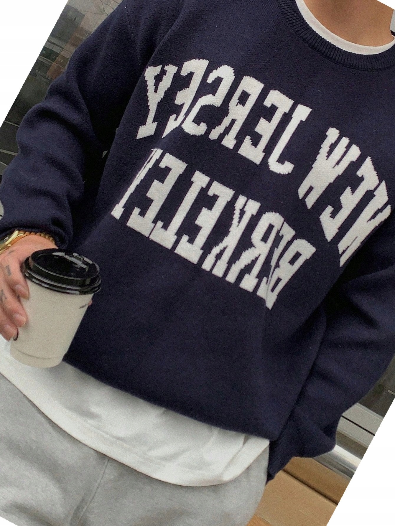 Pánský každodenní svetr se sníženými rameny, tmavě modrý, potisk, velikost XL