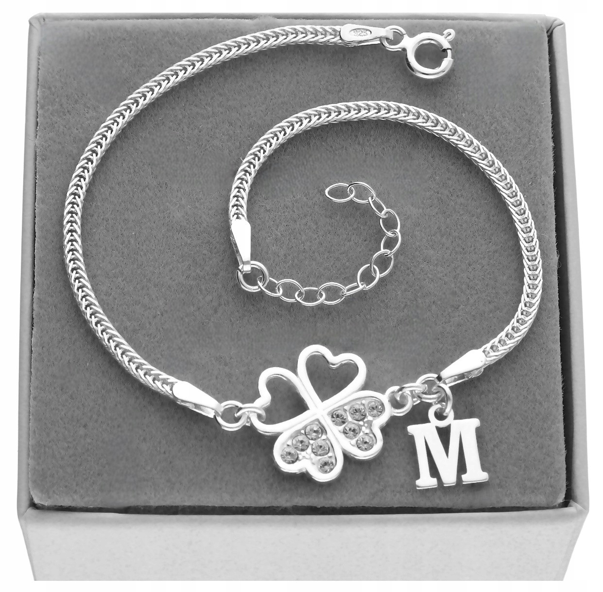 Stříbrný náramek čtyřlístek pro štěstí Písmenko zirkony Krabička Stříbro