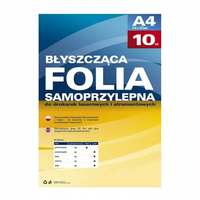 Folia samoprzylepna do drukarek laserowych A4 op. 10 ark. przezroczysta