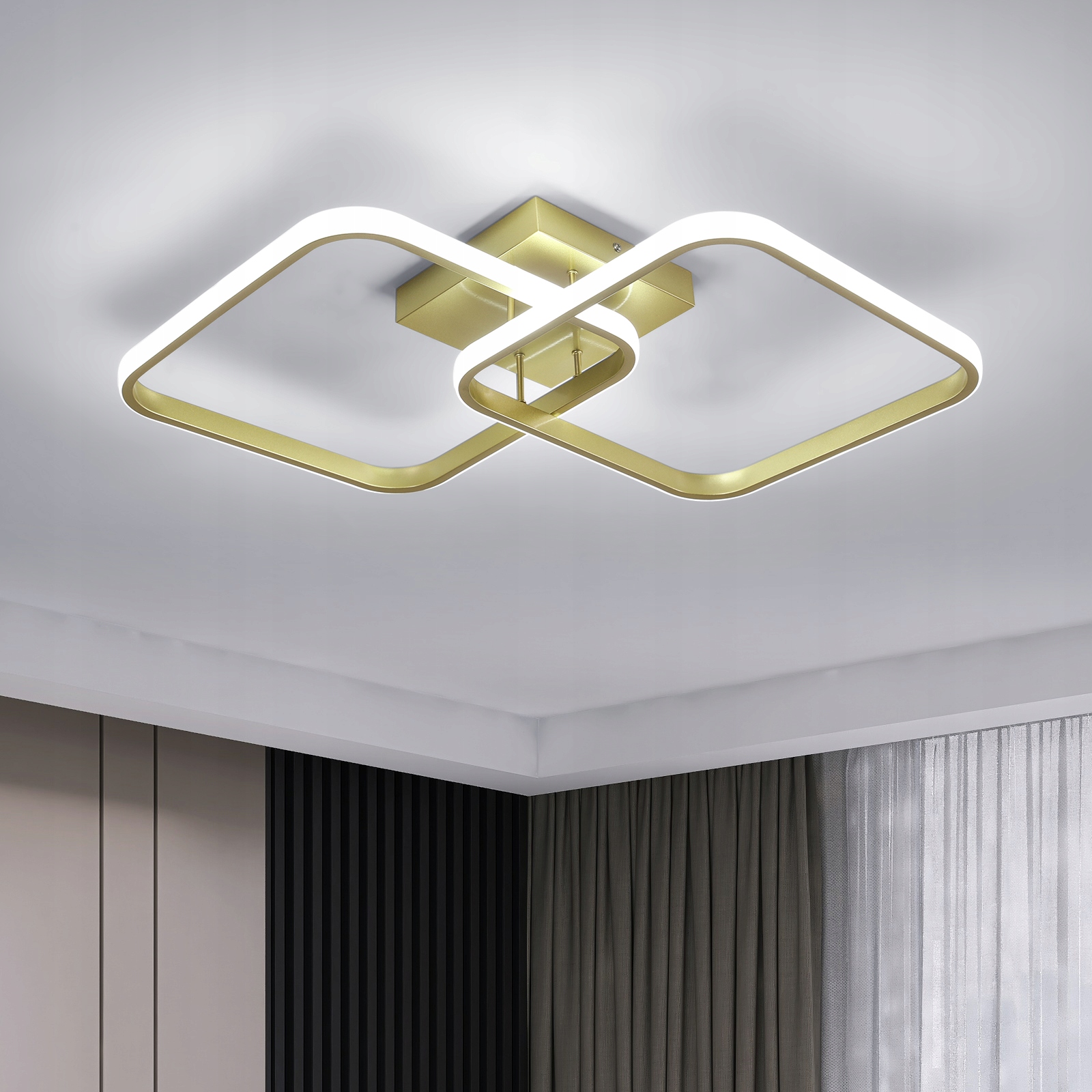 Lampa Sufitowa Led Zyrandol Złoty Kwadratowy Nowoczesny Do Salonu 42W 6500K