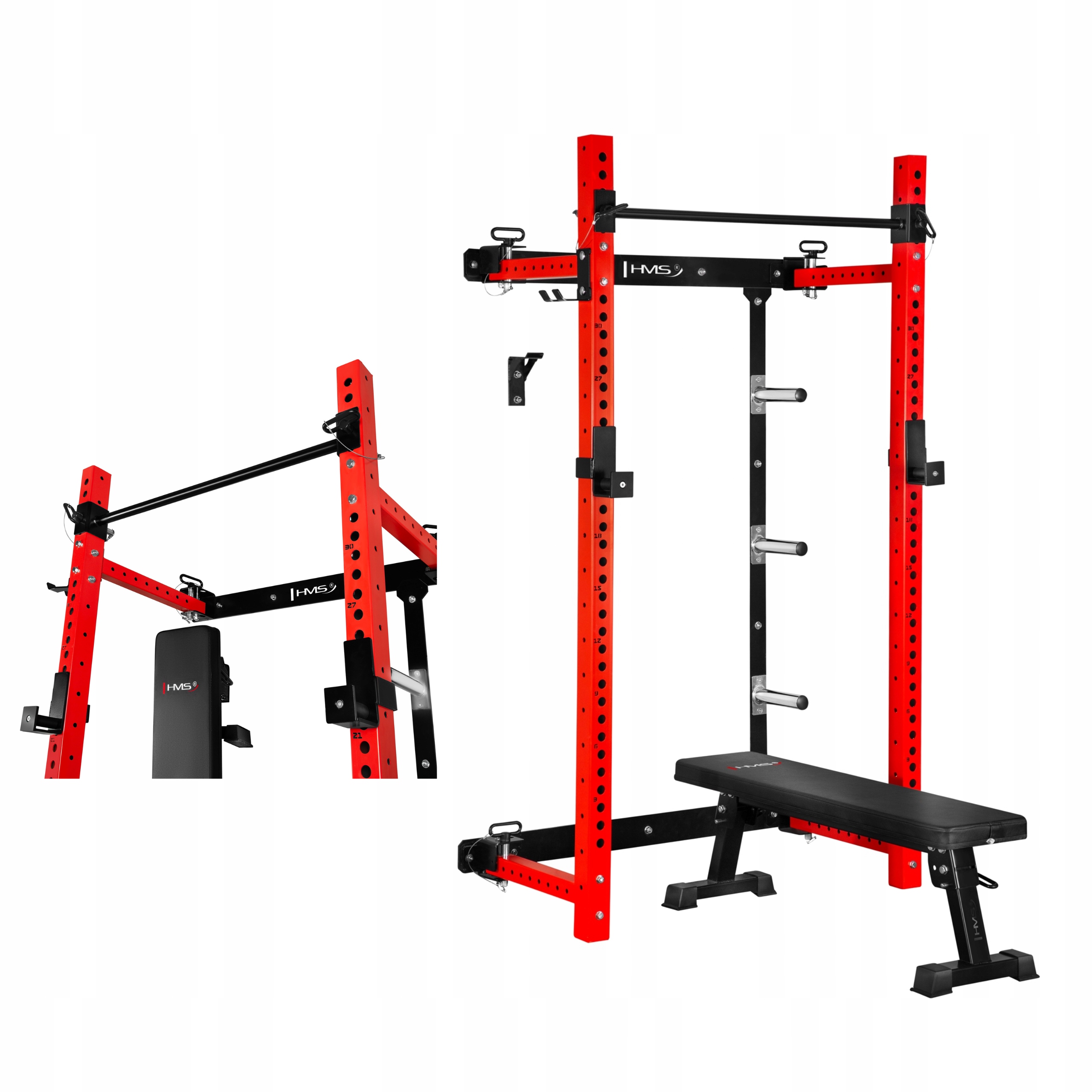 Half Rack Składany Do Ściany Klatka Hms Z Ławką Czerwona Zestaw