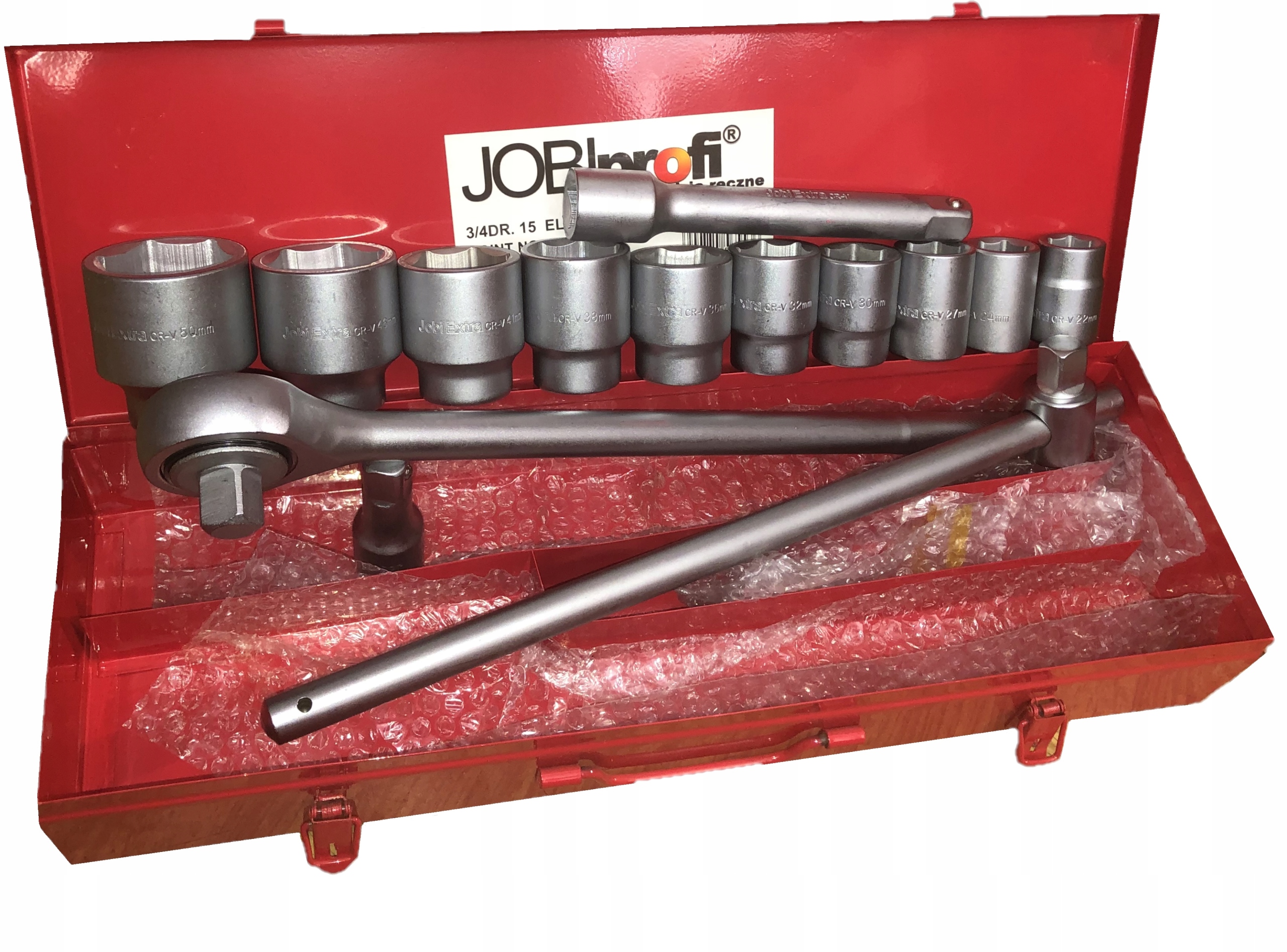Jobi Klucze nasadowe nasadki 3/4” 14 elem 22-50 mm w kasecie metalowej