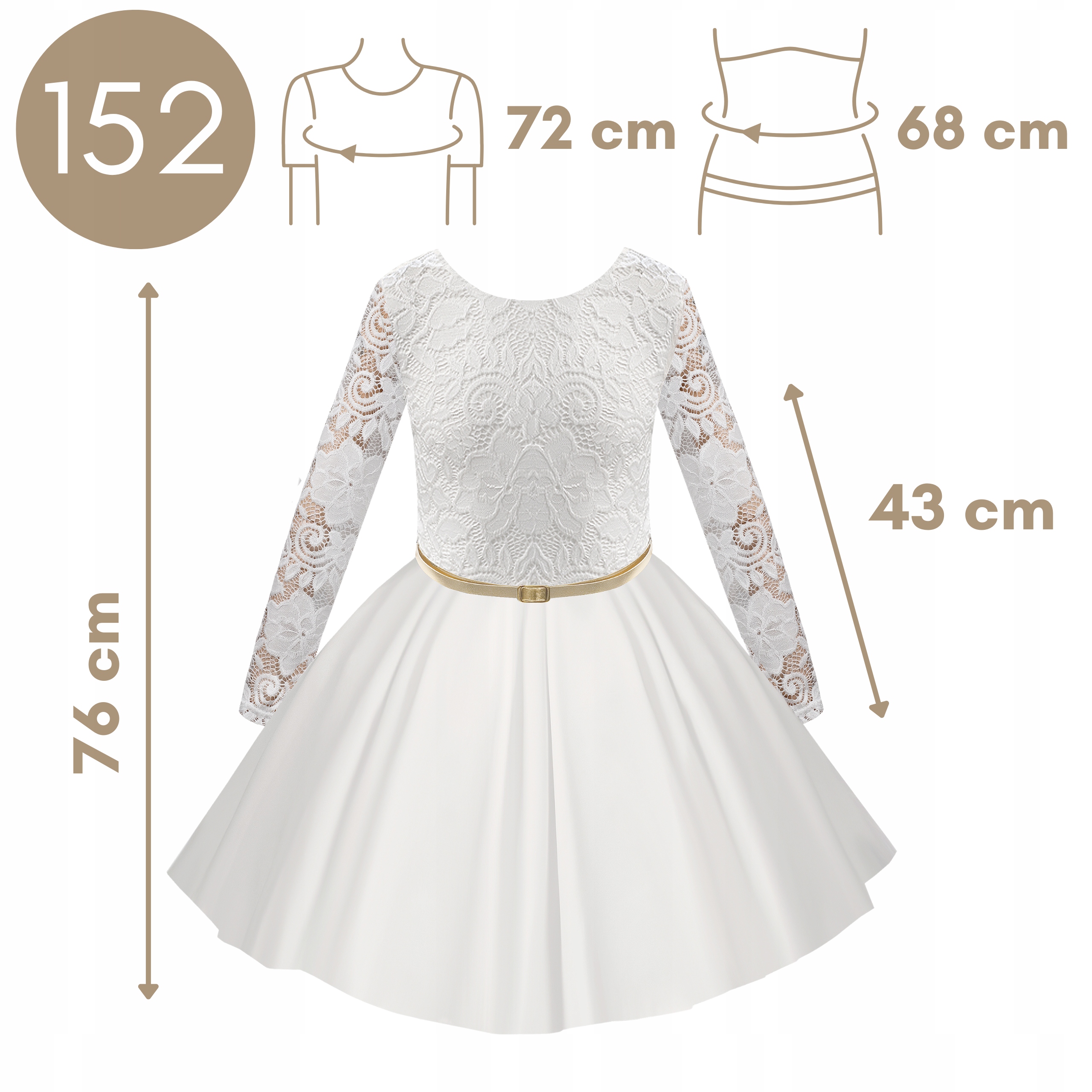 SUKIENKA KOMUNIJNA BIAŁA Na Komunię 152 Długi Rękaw Koronkowa + PASEK Długość midi
