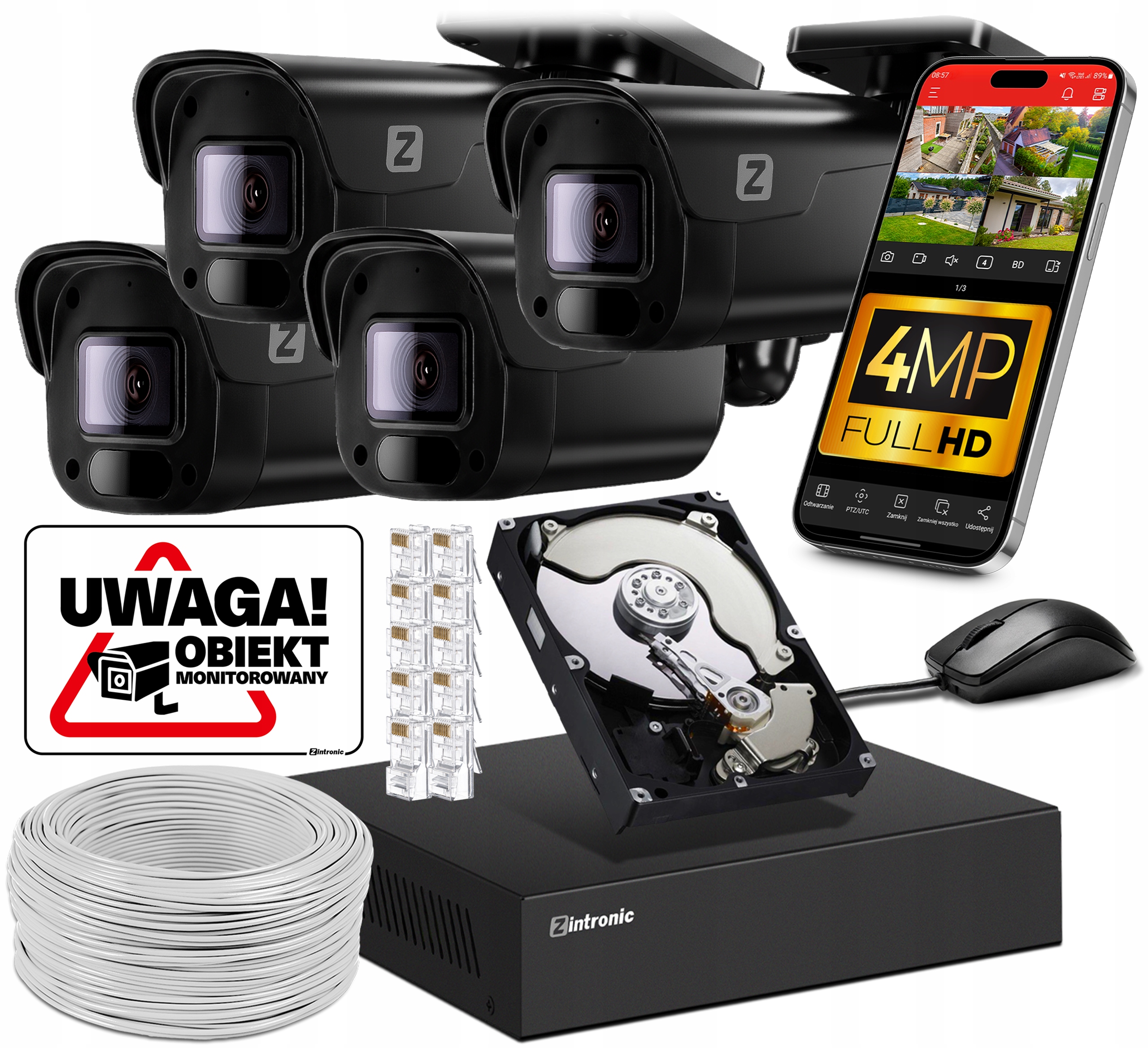Zestaw Monitoringu 4MP Ip Poe 4 Kamery 4MPx 1TB Podgląd Aplikacja Czarny