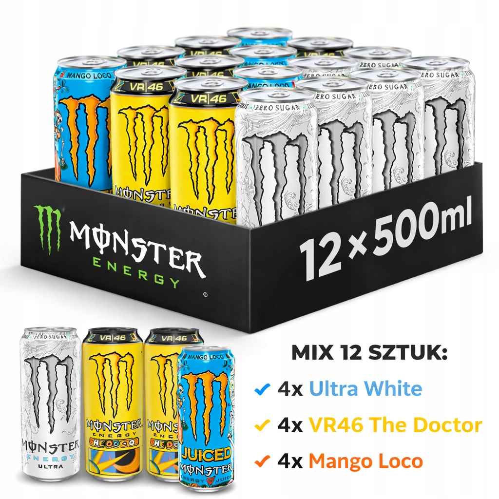 Levně 12 x Monster Energy MIX 4x Ultra White, 4x Mango Loco, 4x VR46 The Doctor