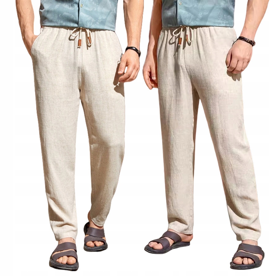 Letnie bawełniane lniane spodnie męskie oddychające luźne beżowy Roz.3XL