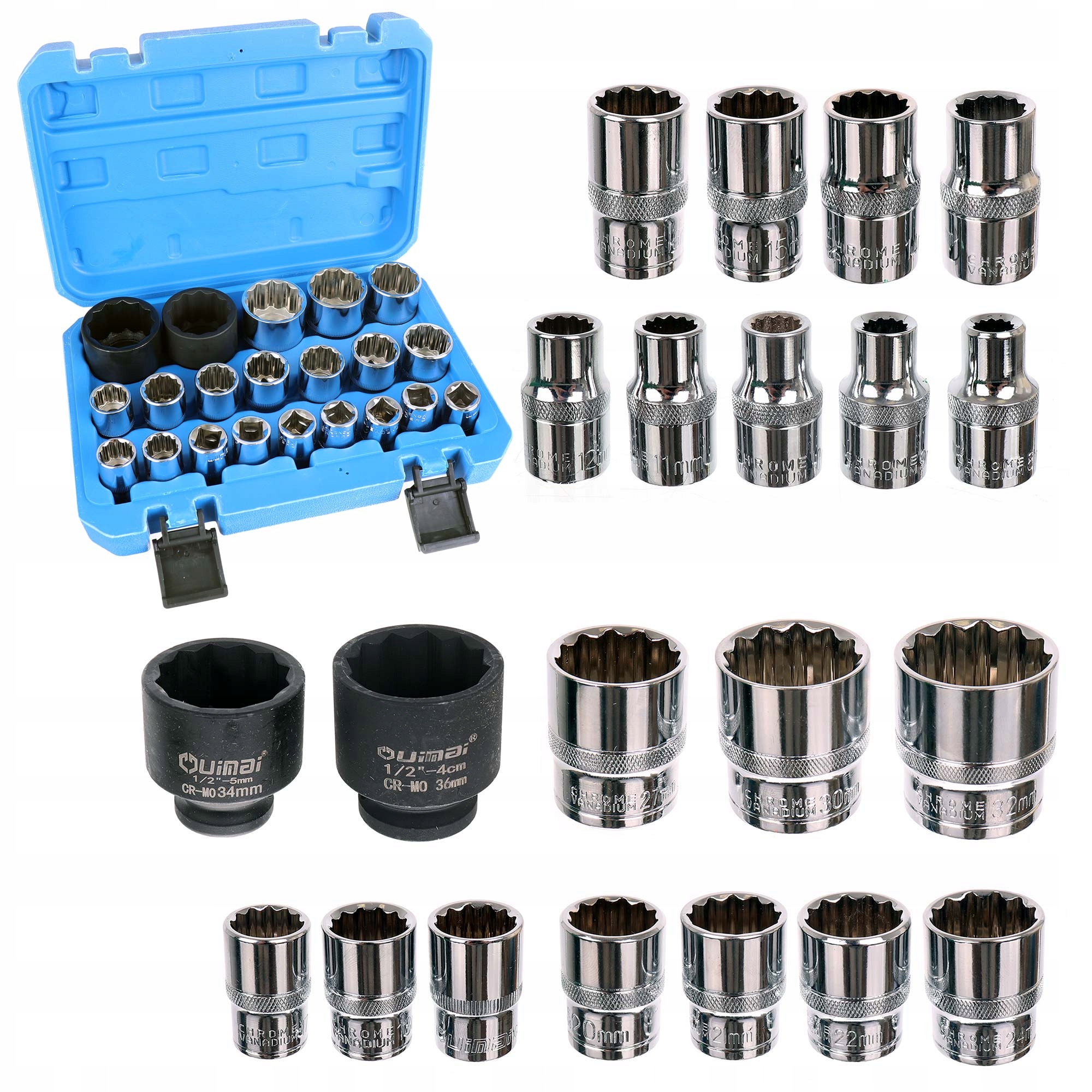 Zestaw Nasadki Metryczne Calowe 12-kątne Spline Torx-e 1/2 CrV 8-36mm