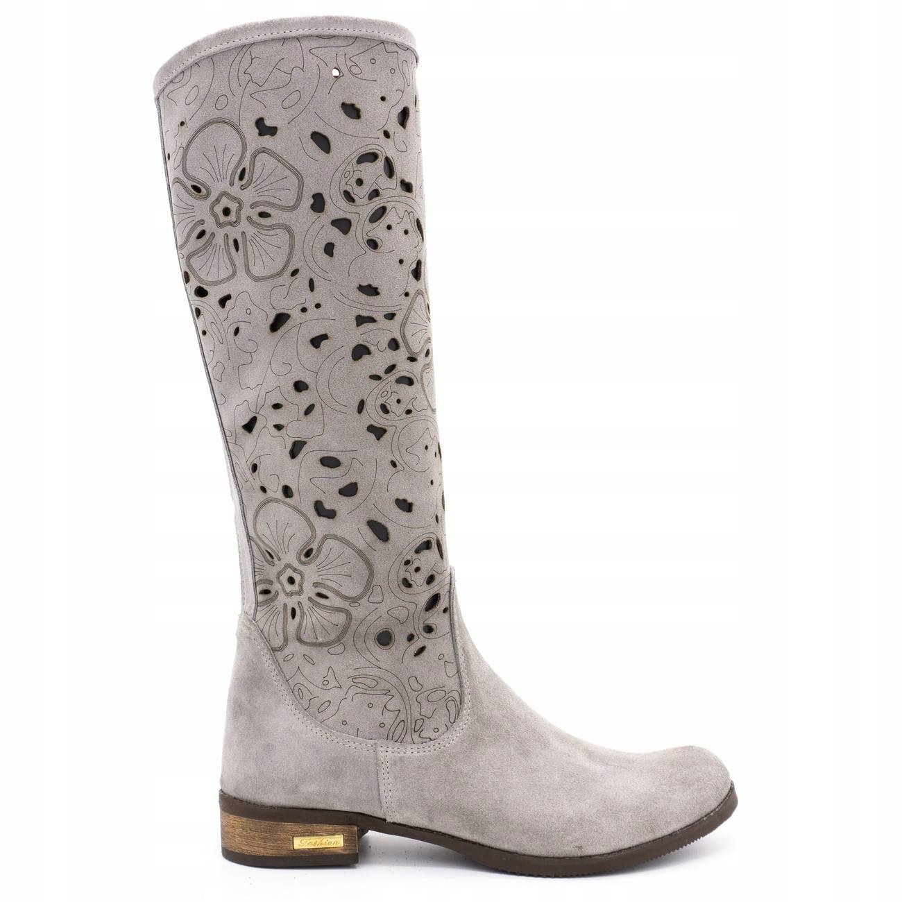 

Damskie kozaki ażurowe skóra Kwiaty jasno szary 37