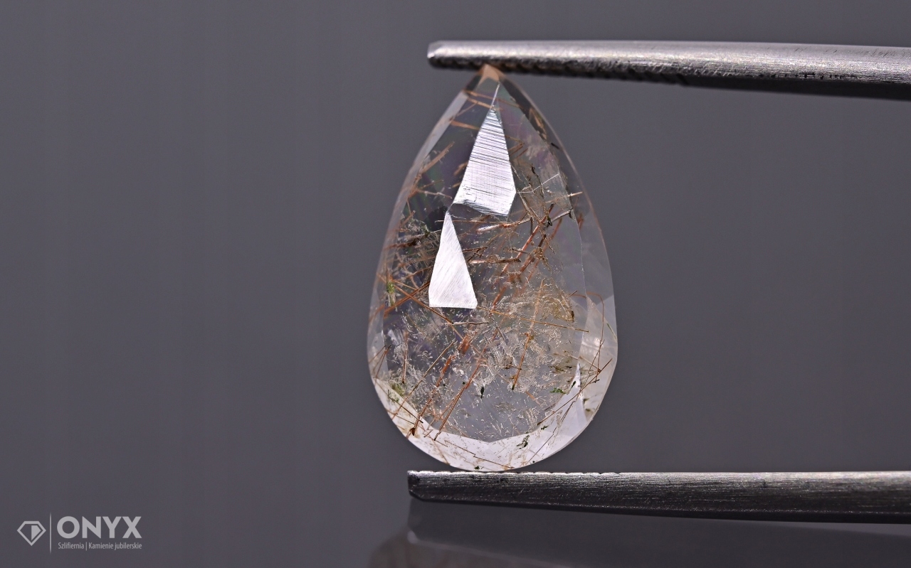Křemen s rutilem fazetovaná slzná růžice 15x9 mm