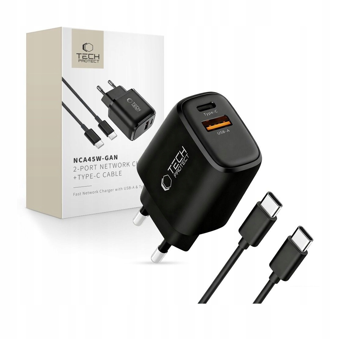 Ładowarka sieciowa 2-portowa Pd 45W QC3.0 Tech-Protect NCA45W-GAN czarna
