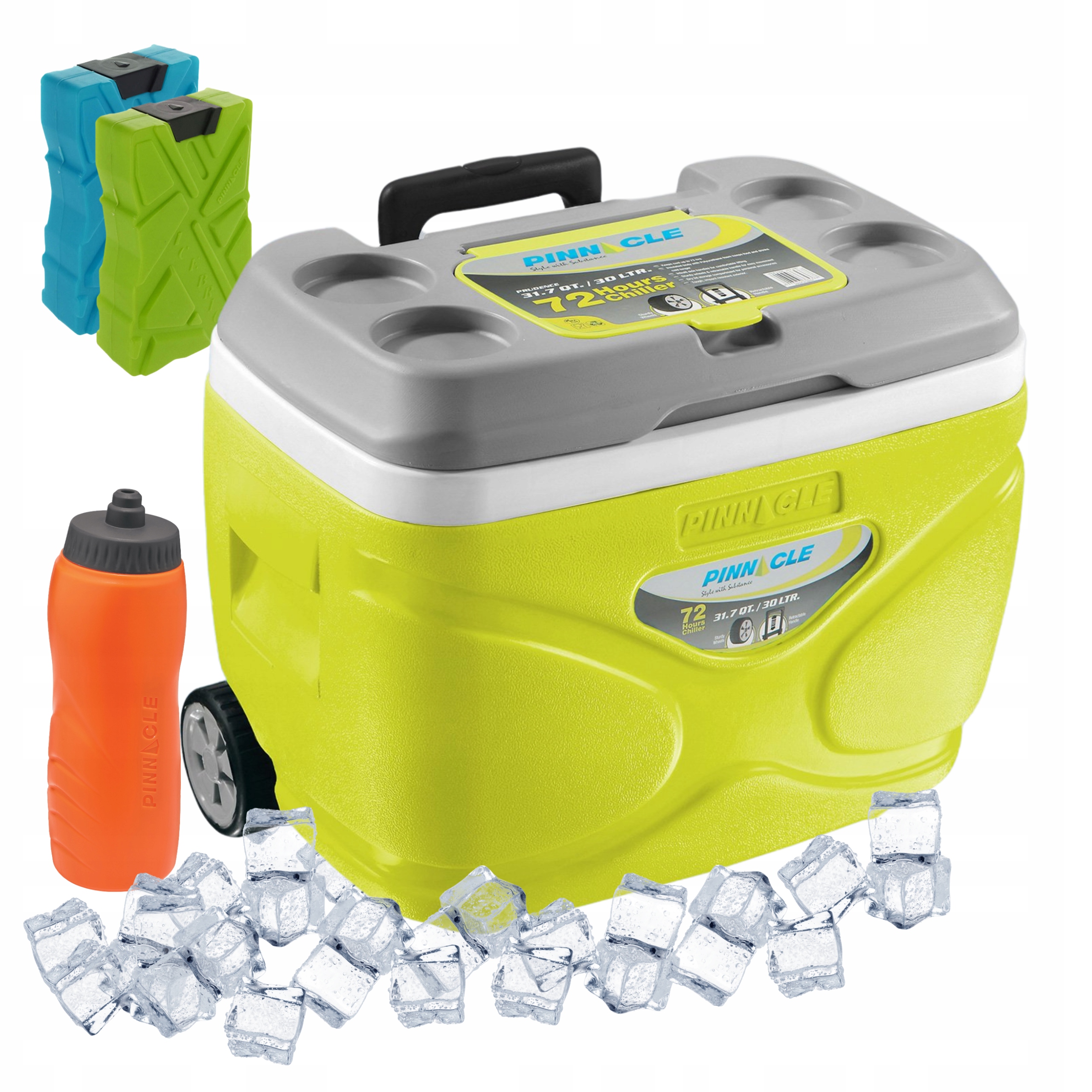 Turistická lednička s kolečky Pinnacle 30 l limetka 2 náplně 330 ml lahev na pití 1 l