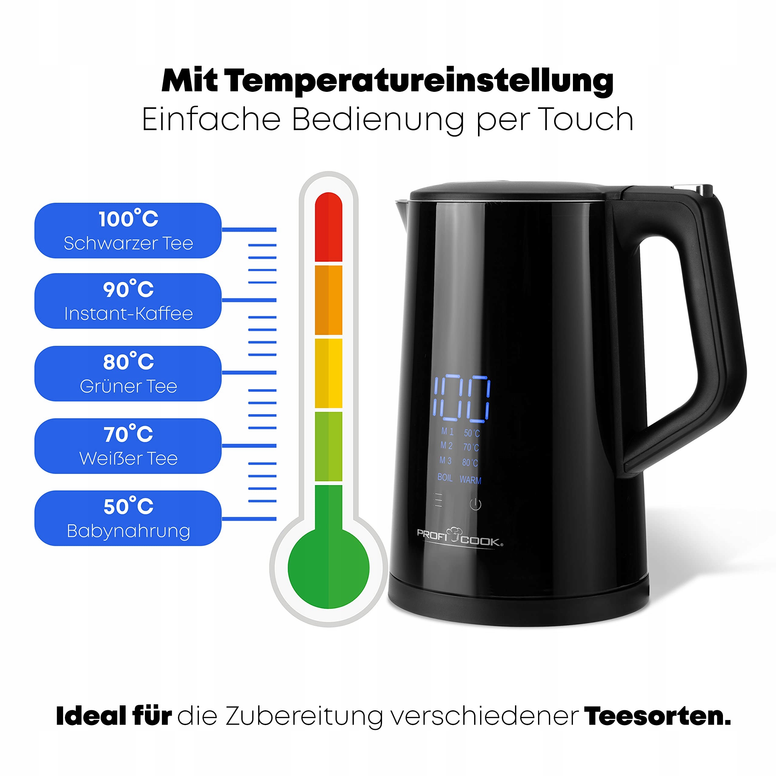 PROFICOOK Czajnik Elektryczny 1,7L Regulacja Temperatury 50-100C BPA Free — miniatura 2