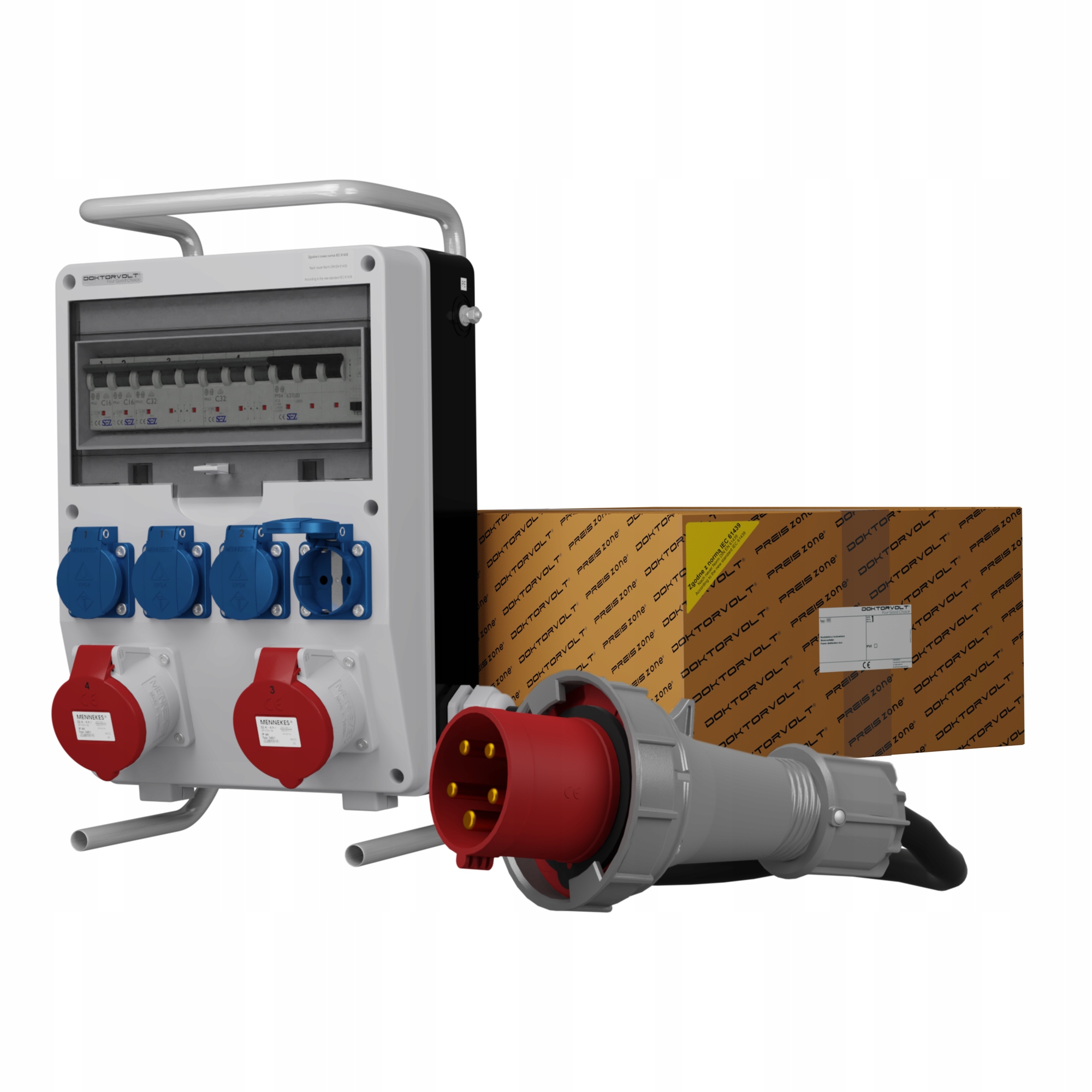 Stavebný rozvádzač na stojane s káblom 32A 400V, zabezpečená erbetka