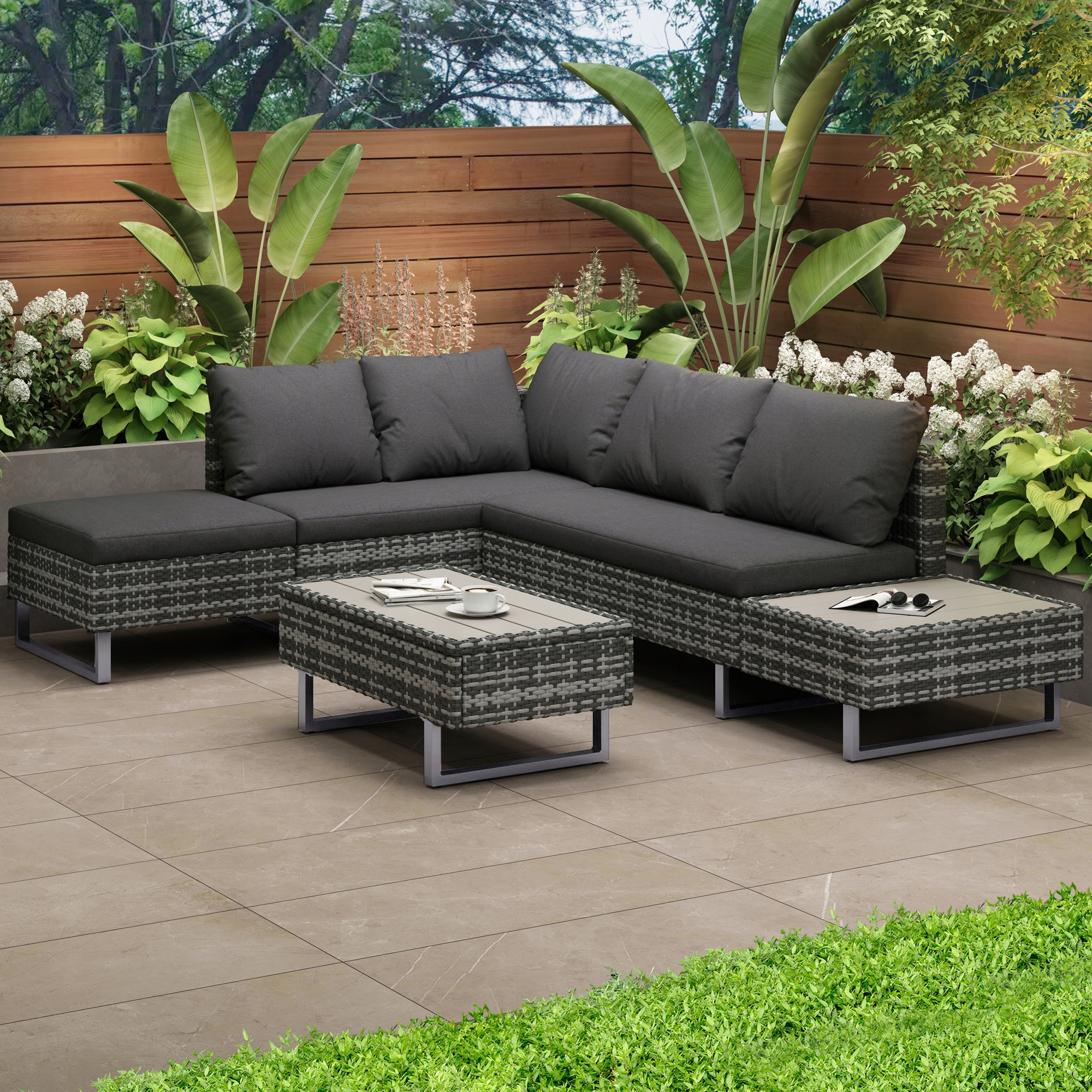 Sada zahradního nábytku vhodná pro 5místnou rohovou pohovku z ratanového stolu