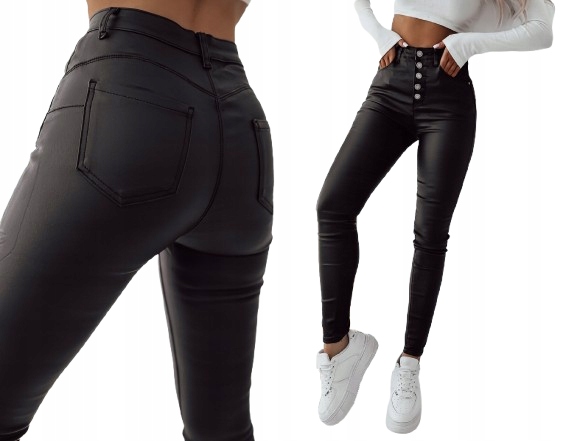 Spodnie woskowane damskie rurki skinny push up eko skóra guziki M/38