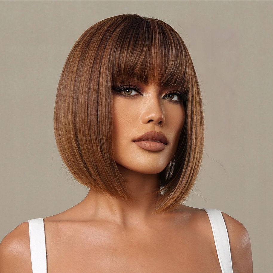 Dámská paruka Paruky Bronz Bob Polodlouhé Vlasy Přírodní 31 cm s ofinou