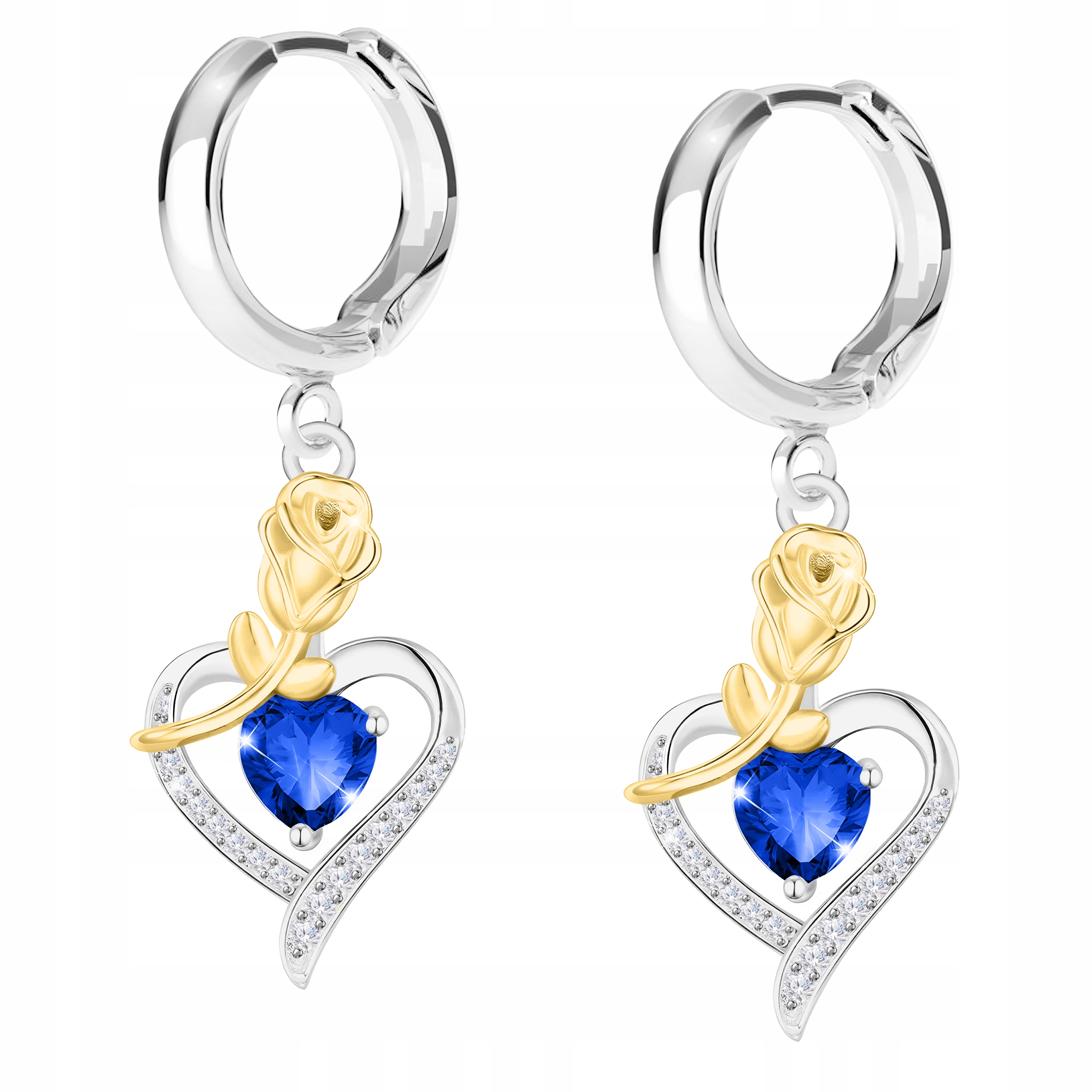 Stříbrné Náušnice 925 Safírová Srdce S Růží Pozlácené Zlaté Růže Zirkony