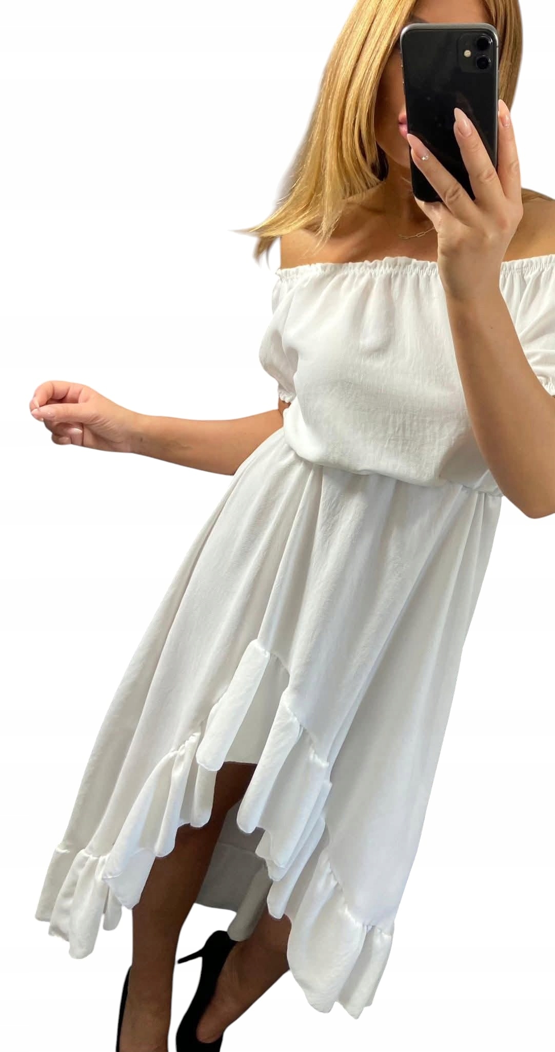 V0034 Elegantní Šaty S Volánem Bílé vel. 46 (3XL)