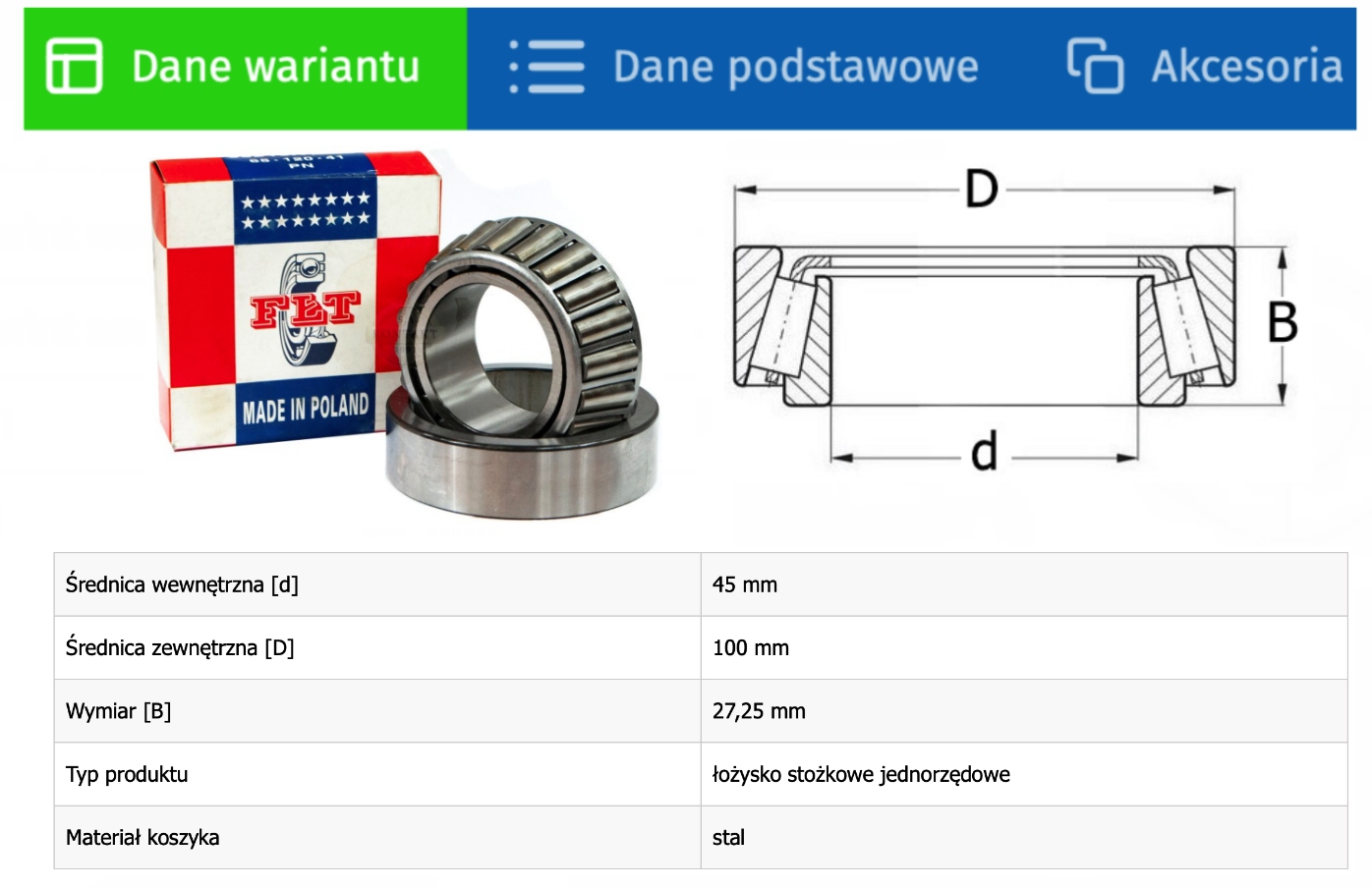 Łożysko stożkowe FŁT 30309 A Średnica zewnętrzna 100 mm