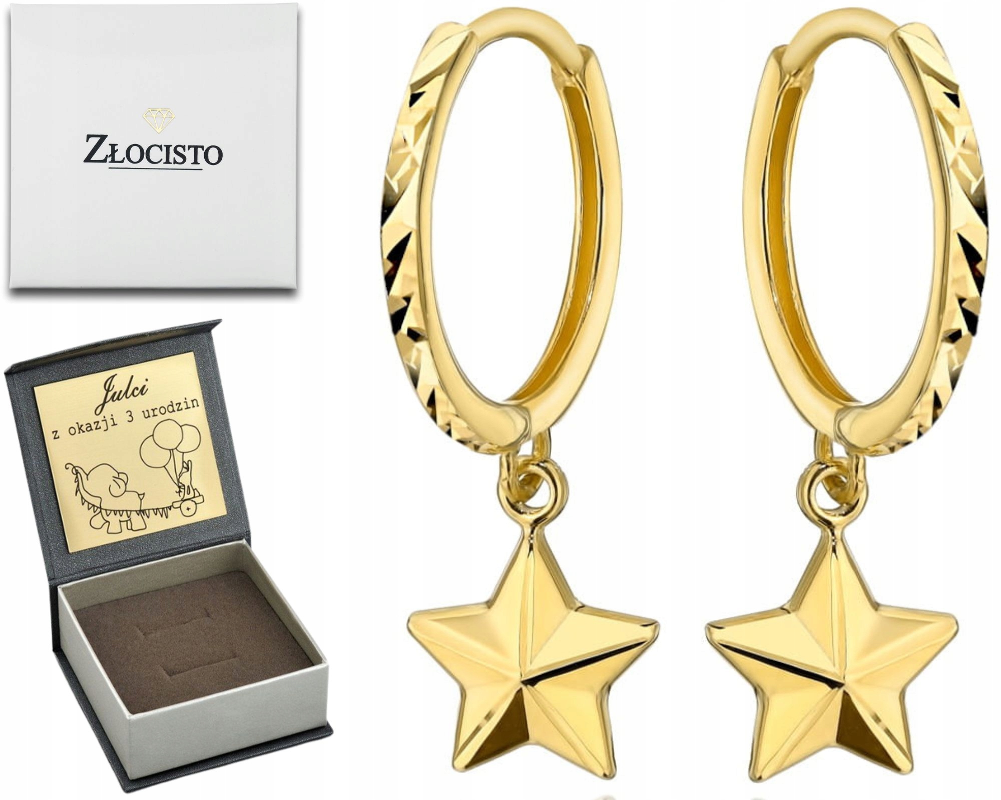 Zlaté Náušnice Závěsné Kroužky S Hvězdičkou 585 Dárek Gravírování