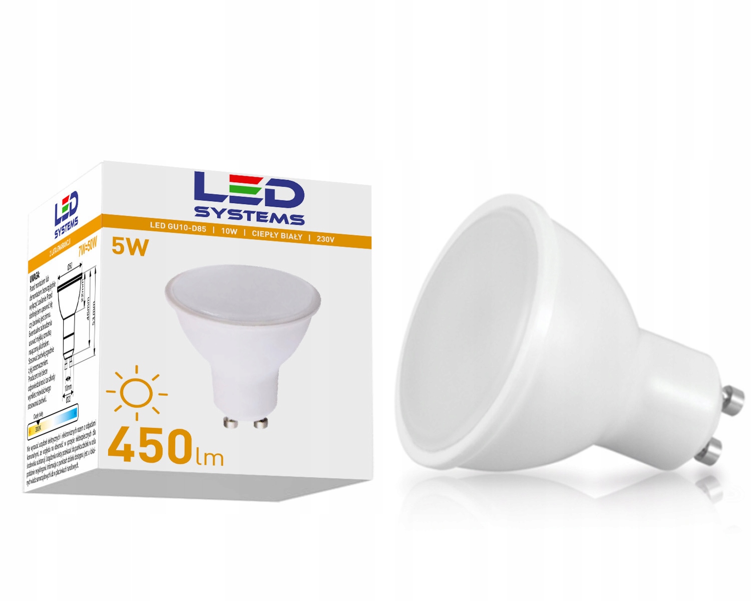 ŻARÓWKA LED GU10 5W = 40W / BIAŁA CIEPŁA