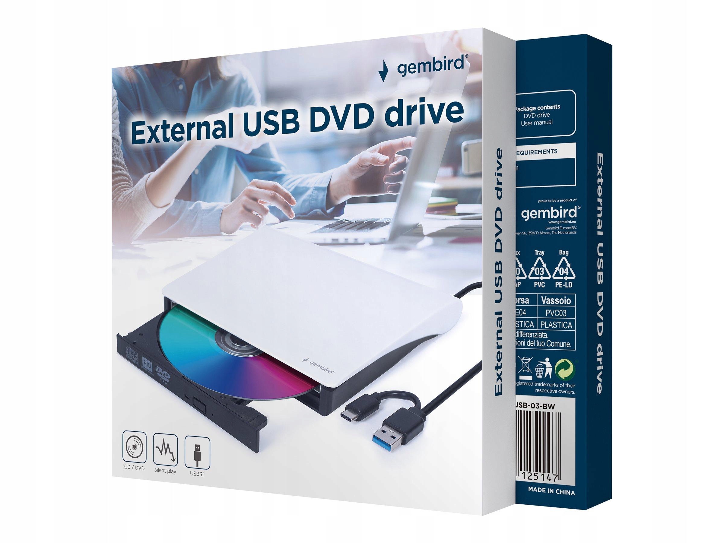 Gembird nagrywarka zewnętrzna DVD 8x CD 24x Usb 3.1 slim czarno-biała