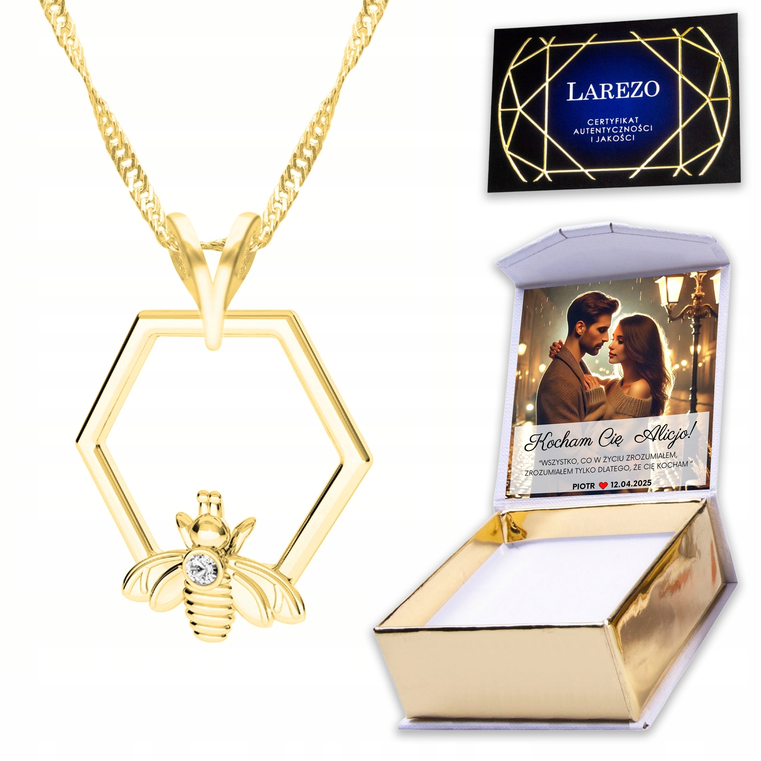 Zlatý náhrdelník 925 s plátkem medu, náplast medu Potisk