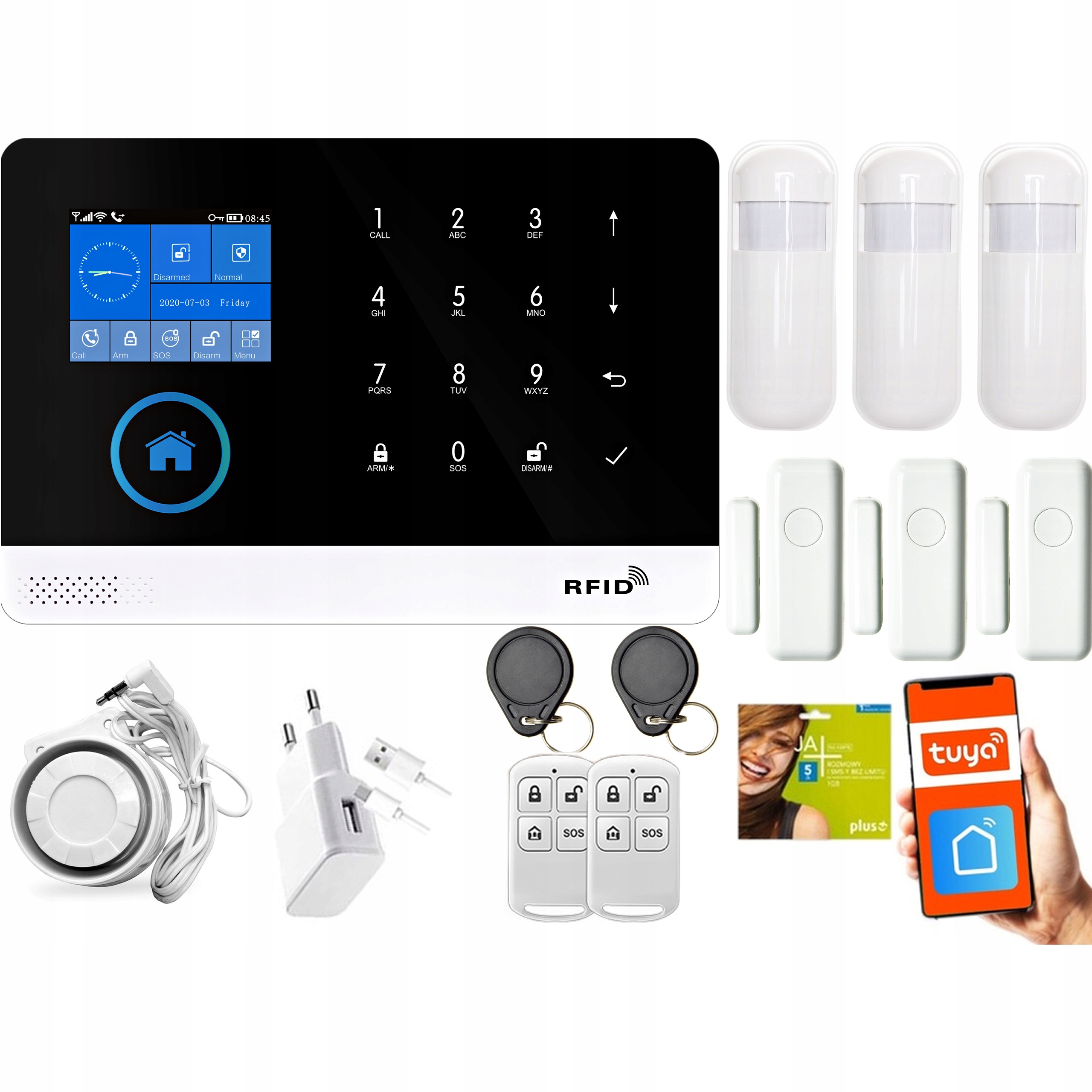 Alarm bezprzewodowy GSM + WiFi z aplikacją TUYA zestaw 3x CZUJKA PIR DRZWI