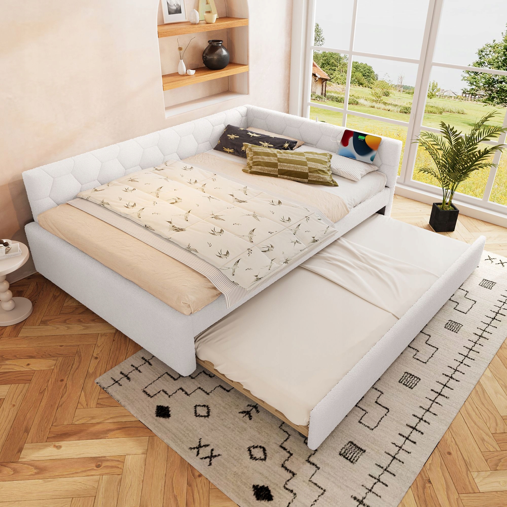 Čalouněná postel Sofa s dětskou postelí 140x200 s výsuvným lůžkem Bílá