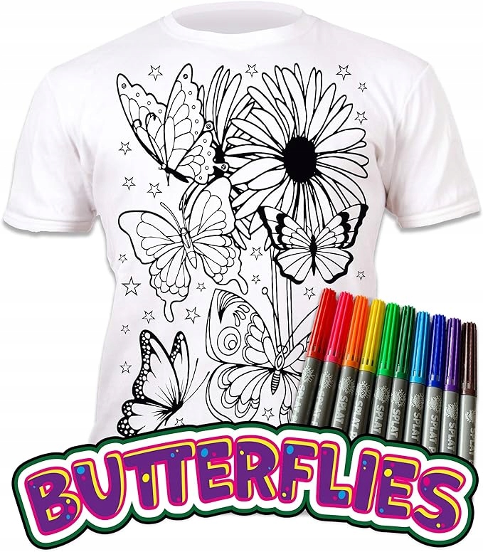 DIY MOTYLE KOSZULKA DO MALOWANIA +10 zmywalne markery 5-6 lat Splat Planet
