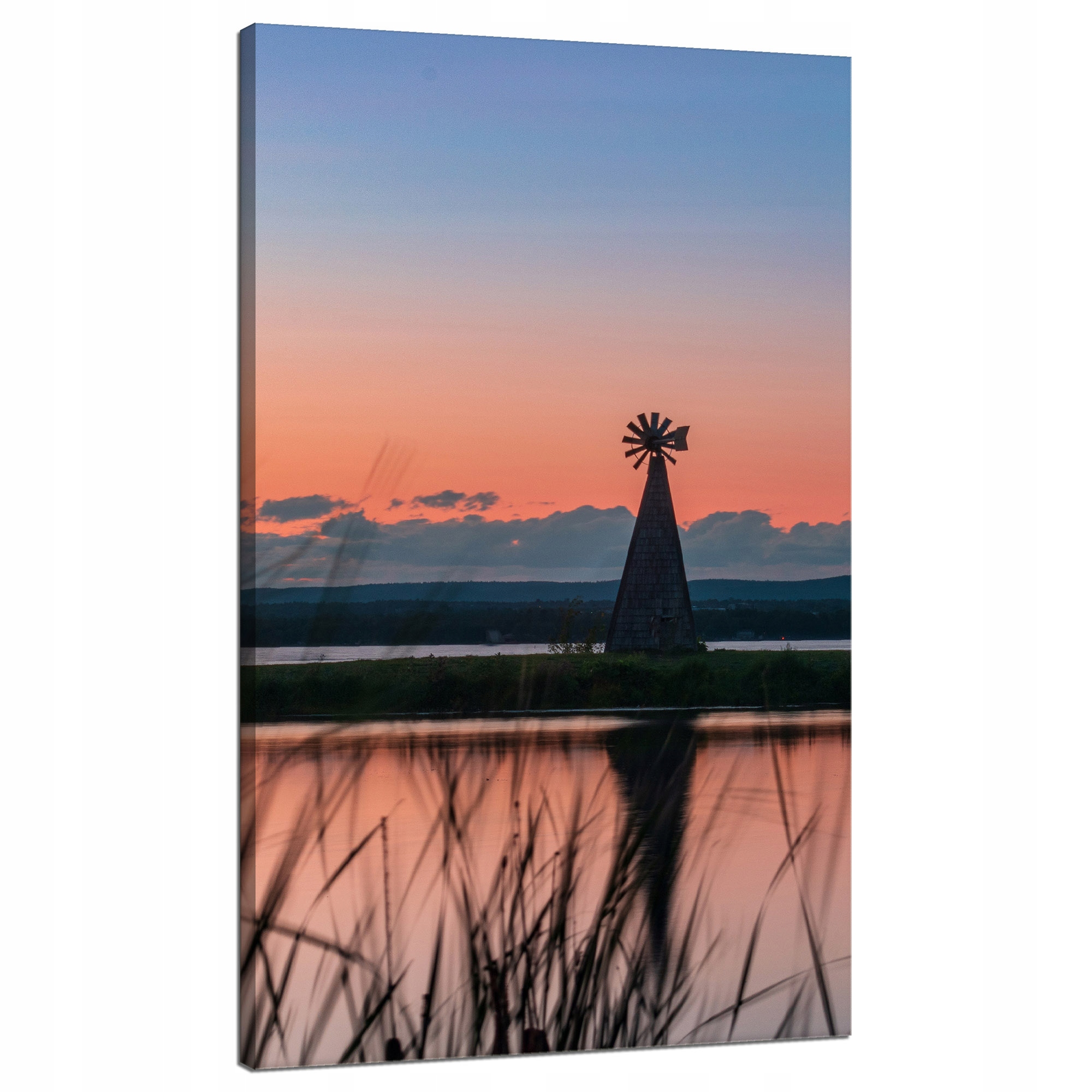 Obraz na plátně Větrný mlýn Nebe Příroda Západ Slunce Jezero Tráva 70x120