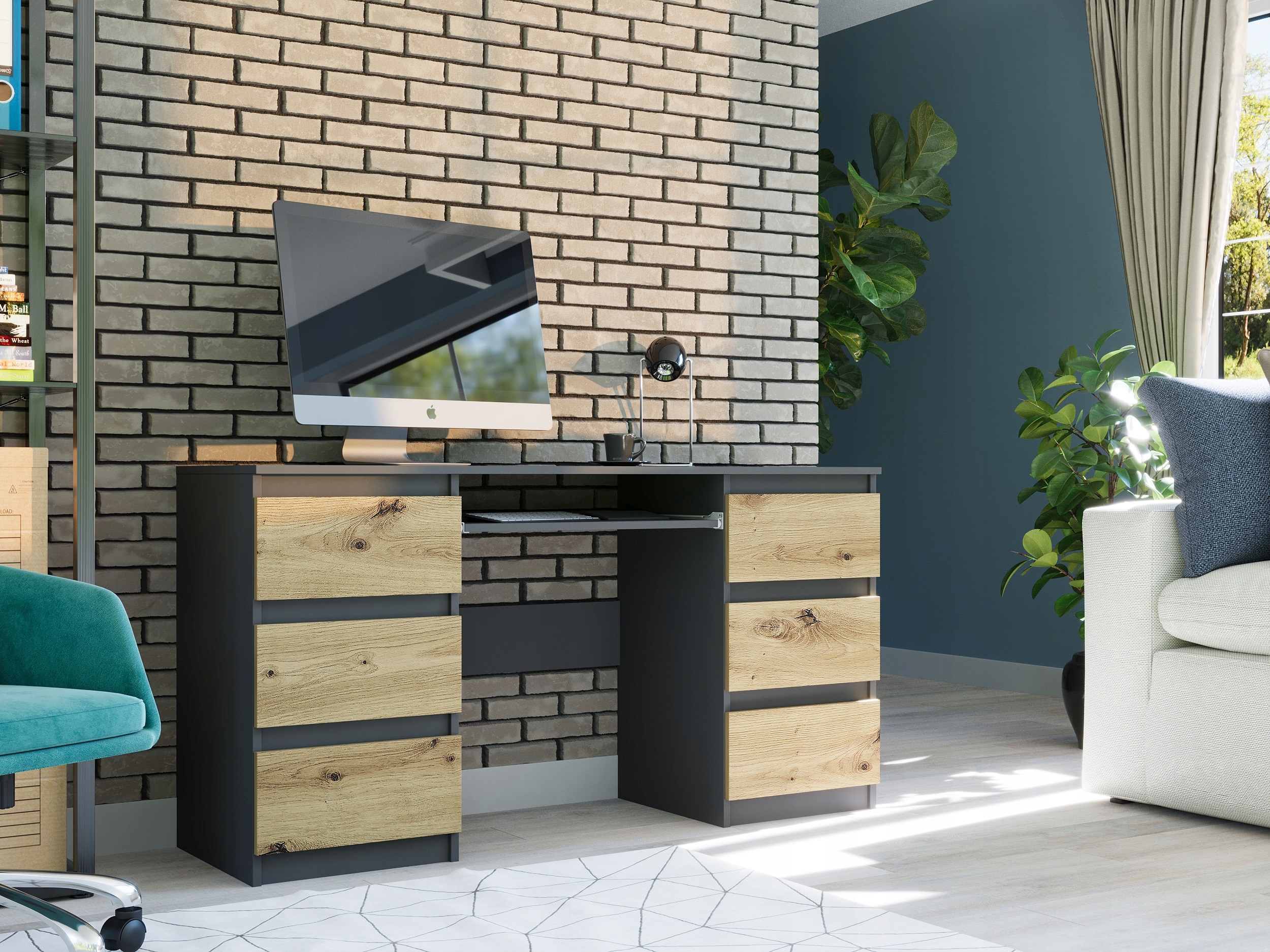 Meble Biurko komputerowe 6sz 135cm antracyt mix artisan N32