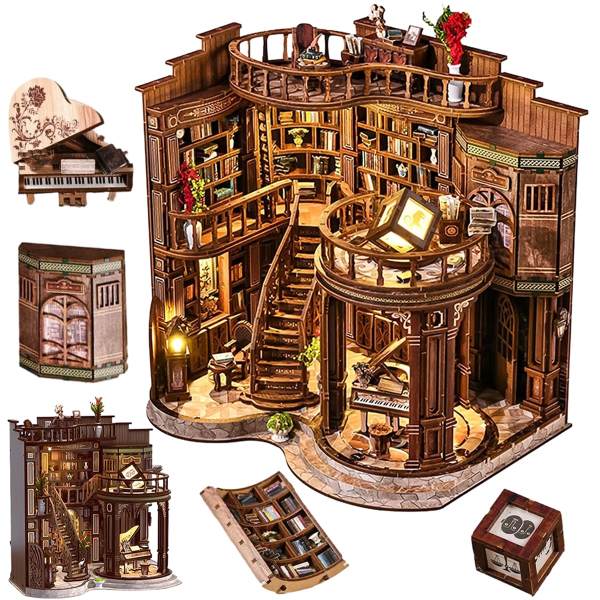 Drewniany zestaw Diy miniatury biblioteki z dotykowym Led 3D dla
