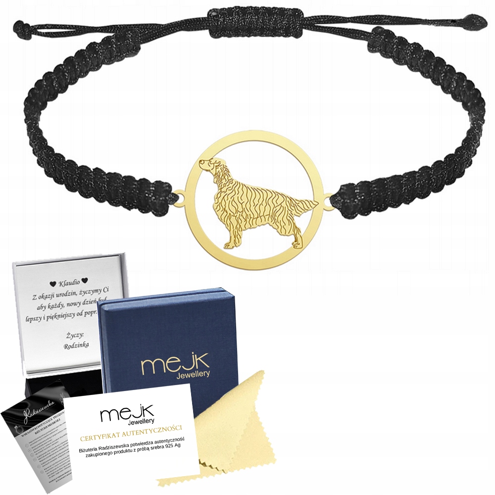 Zlatý náramek s irským setrem psa 925 Makramé Žena Gravírování Bonus