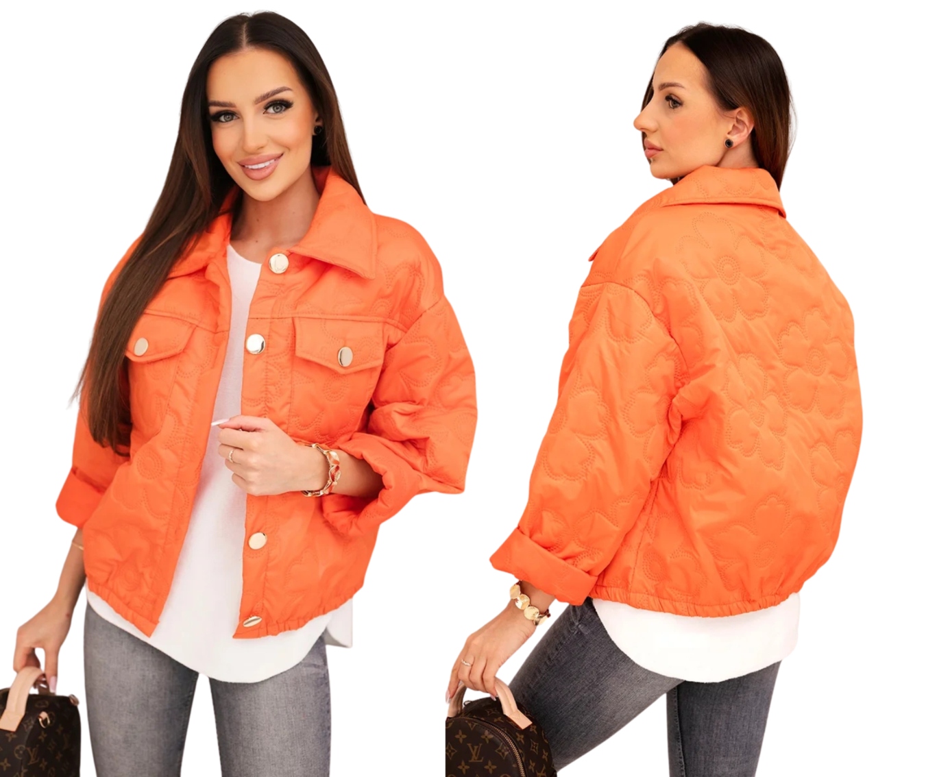 Pomarańczowa kurtka damska pikowana z ozdobnymi guzikami