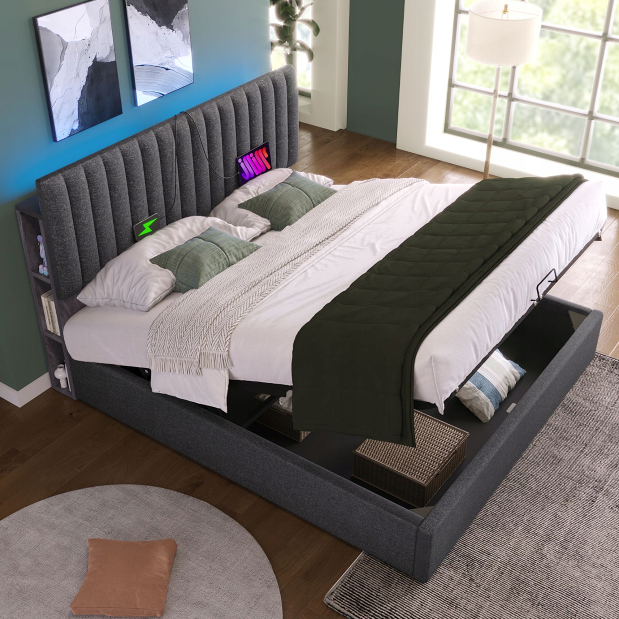 Čalouněná postel Dvojlůžko 160x200 cm Led Usb C Hydraulicky šedá