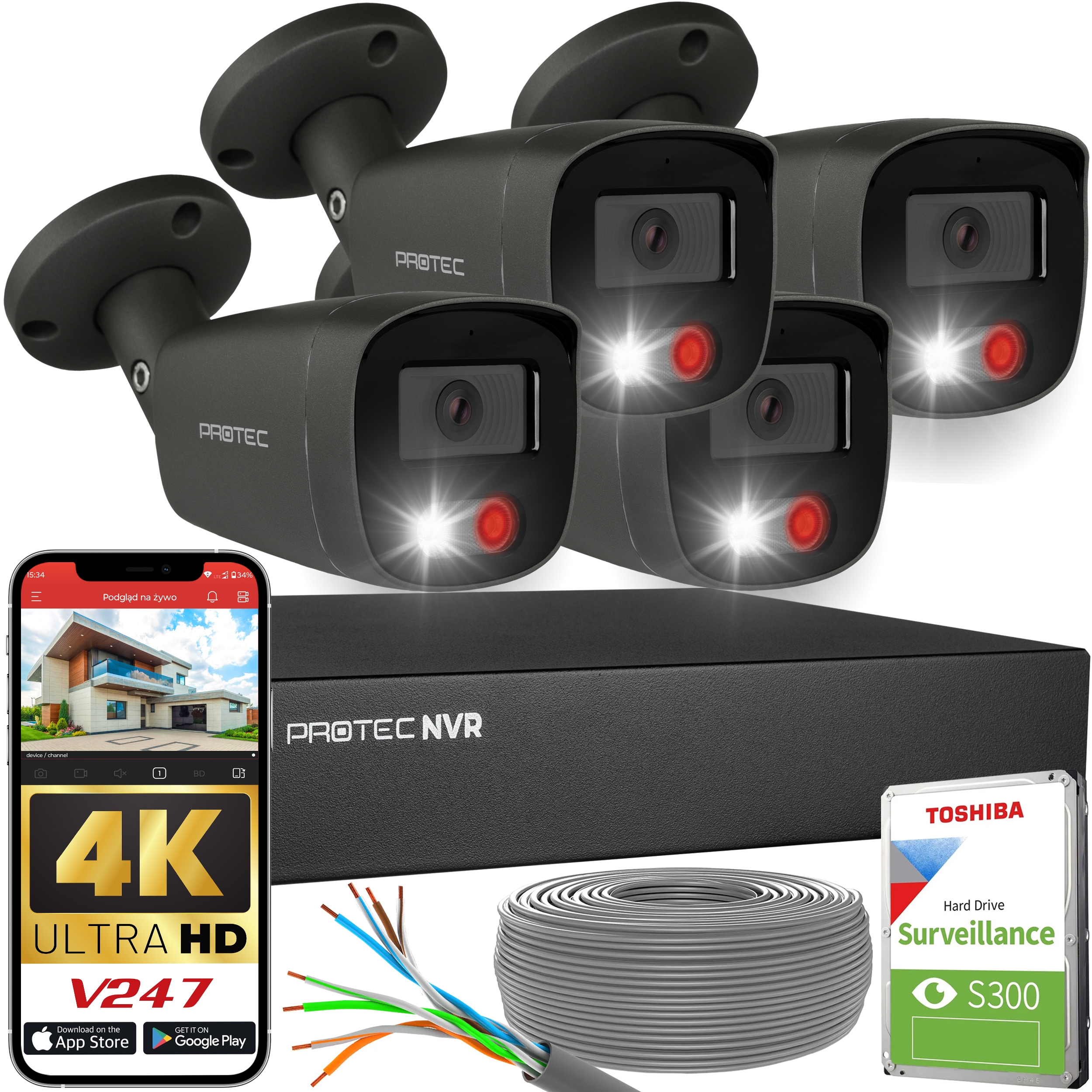 Zestaw do monitoringu 4 kamery 8Mpx 4K Ip PoE zewnętrzne dysk Hdd
