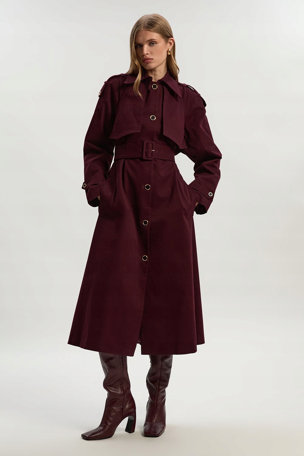 Bordový Bavlněný Elegantní Trenčkot S Páskem Karen Millen XL
