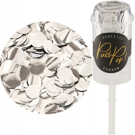 TUBA PUSH POP WYRZUTNIA KONFETTI SREBRNE STRZELAJĄCE NA URODZINY WESELE