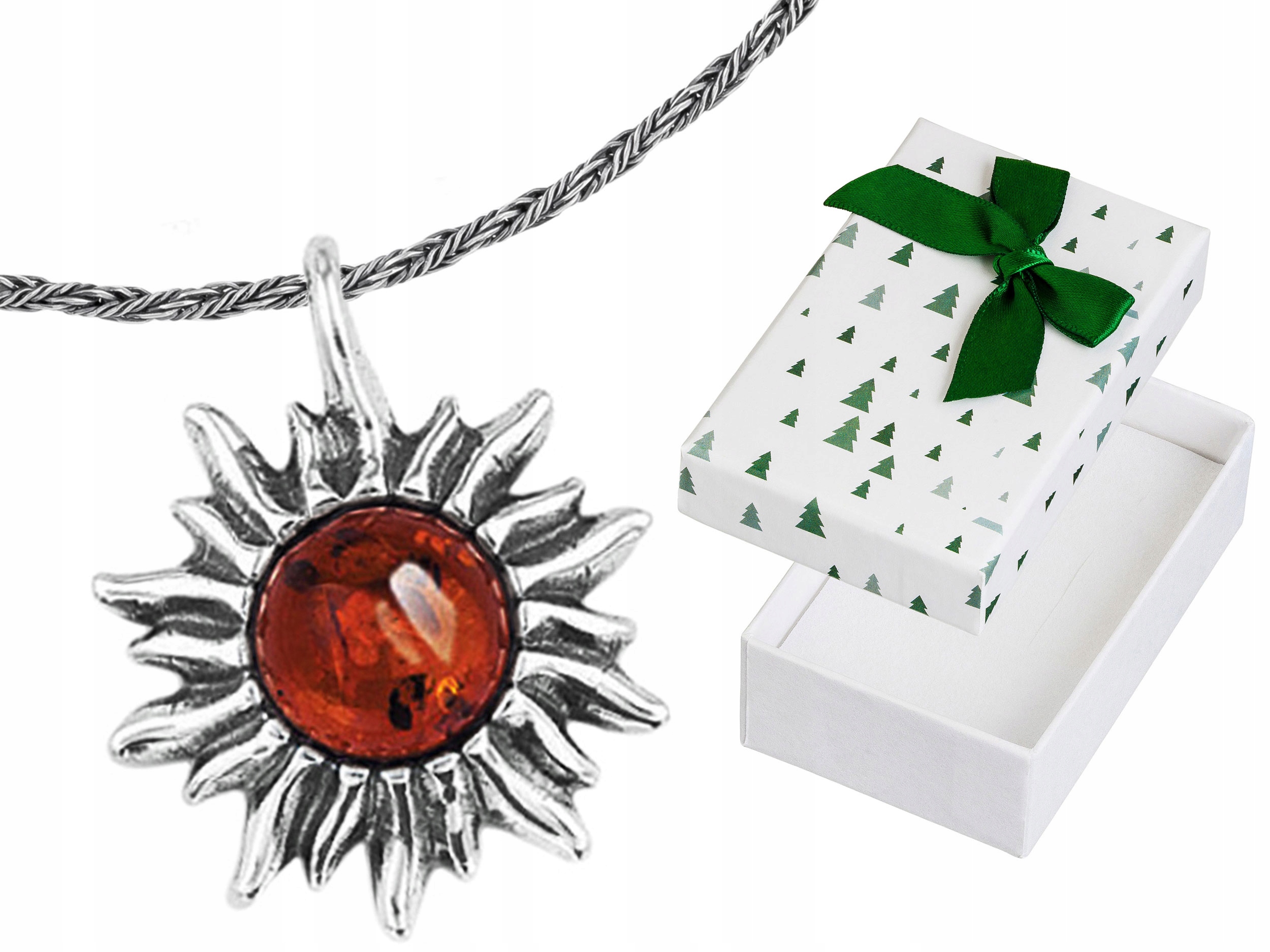 Krátký Stříbrný Oxidovaný Náhrdelník Amulet Slunce s Jantarem Choker 32 cm