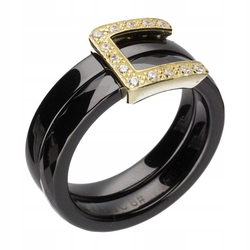 Pozlacený prstýnek 925 Černá Keramika se Zirkony, elegantní 12