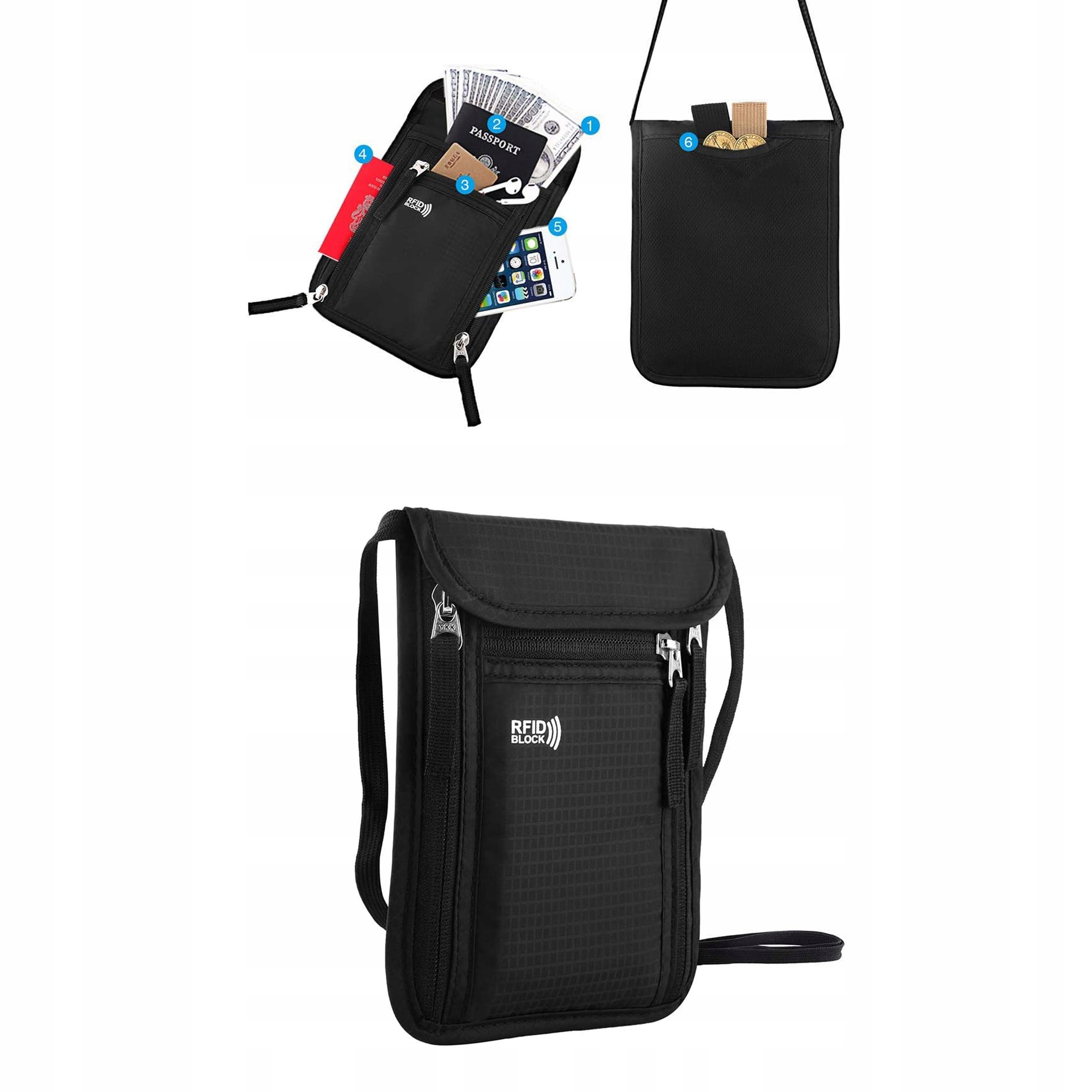 ANTYKRADZIEŻOWA TORBA NA PASZPORT DOKUMENTY PIENIĄDZE PODRÓŻNA NA SZYJE