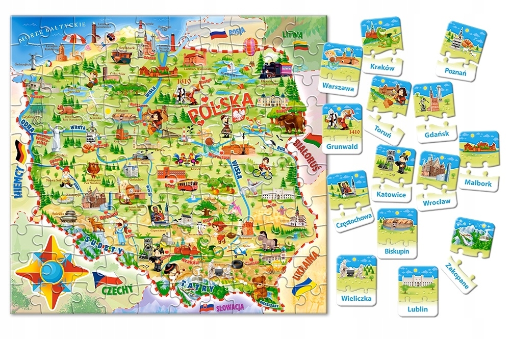 PUZZLE 100 UKŁADANKA MAPA POLSKI DLA DZIECI 28 PUZZLI Z MIASTAMI 6+ CASTOR