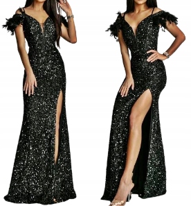 MD dlouhé večerní Černé šaty flitry peří maxi S
