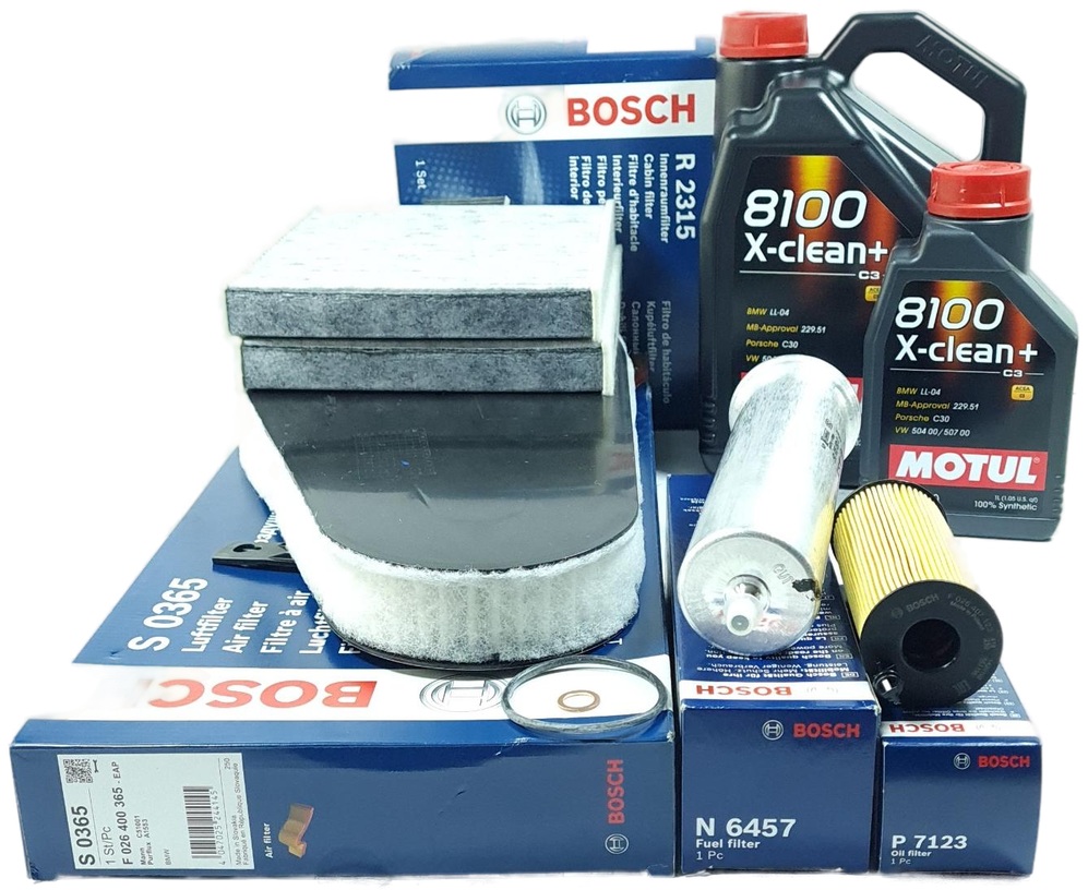 Filtry Bosch 6L na olej 5W30 Motul X-Clean+ LL-04 Bmw 518d 520d 525d 2.0d N47